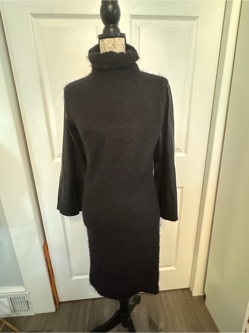 Plein Sud Black Turtleneck Mohair Blend Midi Dress with Leather Sleeves 40
